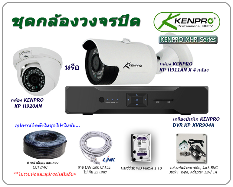 ชุดเซ็ตโปรโมชั่นกล้องวงจรปิด KENPRO XHR Series รุ่น KP-1704P-GS4 พร้อมติดตั้ง